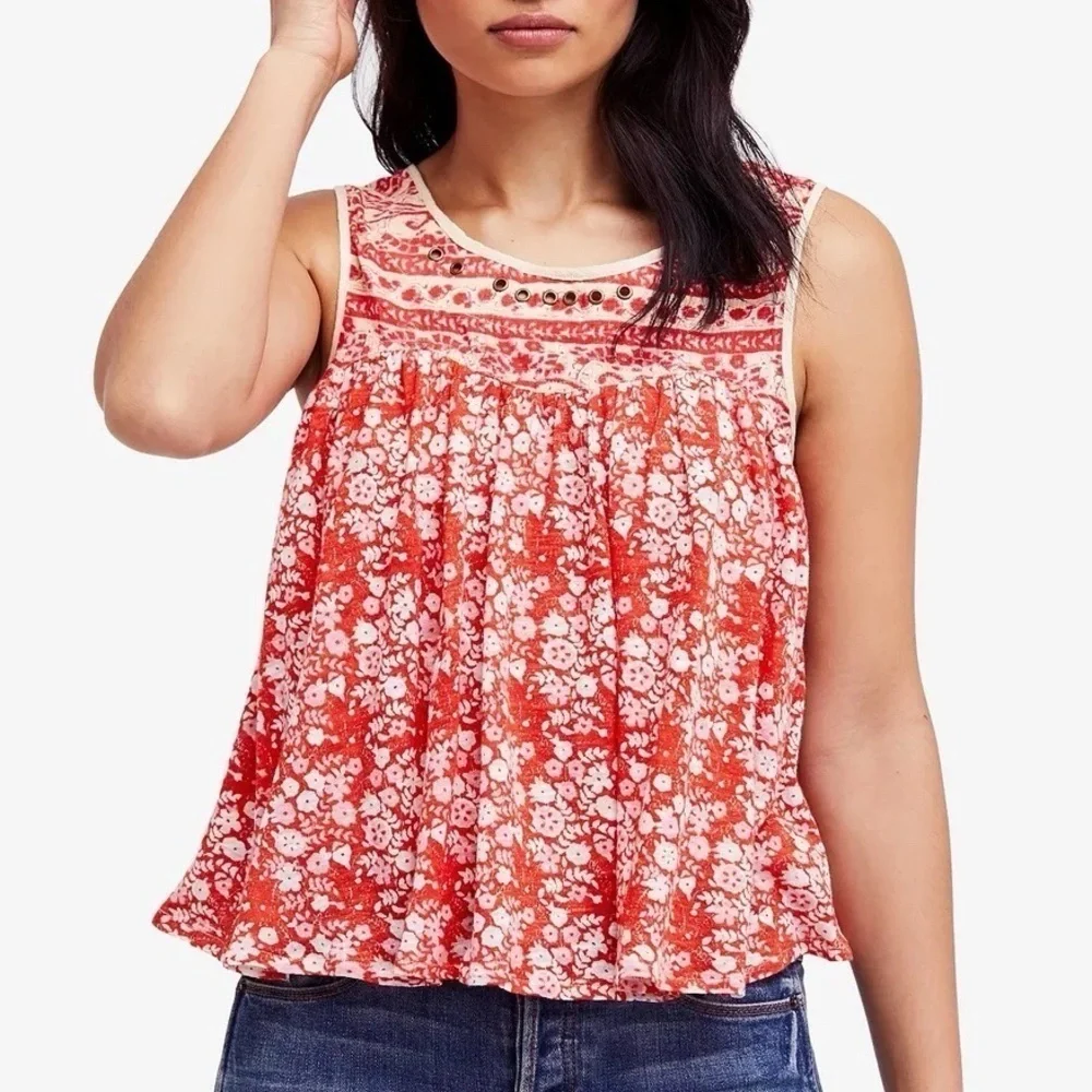 Free People Lucky Coin Sleeveless Top XS linen red floral tank blouse flowy boho